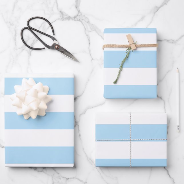 Blue Stripes, White Stripes, Striped Pattern Wrapping Paper Sheets (Front)