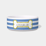 Blue Stripes with Gold Bone Personalized Pet Bowl<br><div class="desc">Bone Appetite! This pet bowl features classic sky blue and white stripes and in the center a metallic gold bone border. Customize with your pet's name and font of your choosing. This beautiful ceramic bowl comes in two sizes and has many different trendy colored stripes to choose from in my...</div>