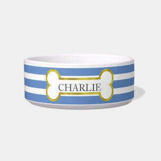 Blue Stripes with Gold Bone Personalized Pet Bowl