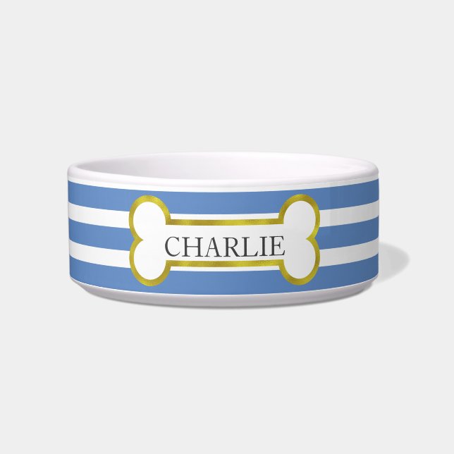 Blue Stripes with Gold Bone Personalized Pet Bowl (Front)