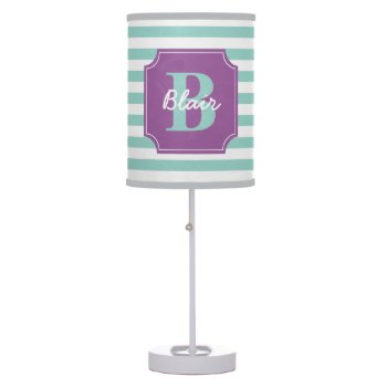 Blue Stripes With Purple Frame Name And Initial Table Lamp by Jmariegarza at Zazzle