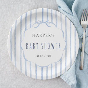 Blue Stripes with Scalloped Frame Boy Baby Shower Paper Plates