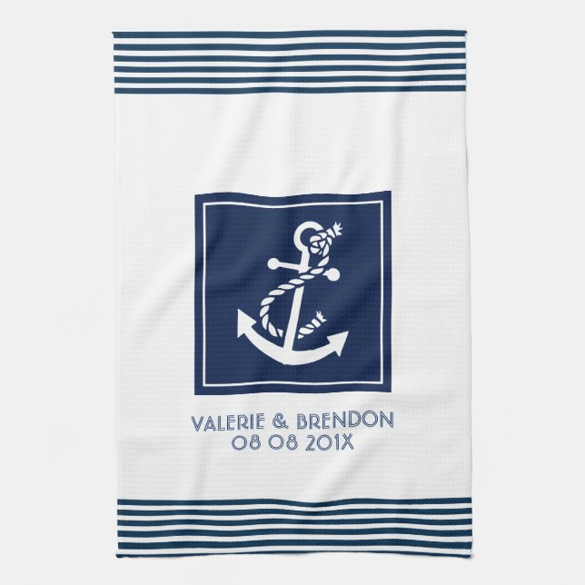 Blue Stripes With White Nautical Boat Anchor Towel (Vertical)