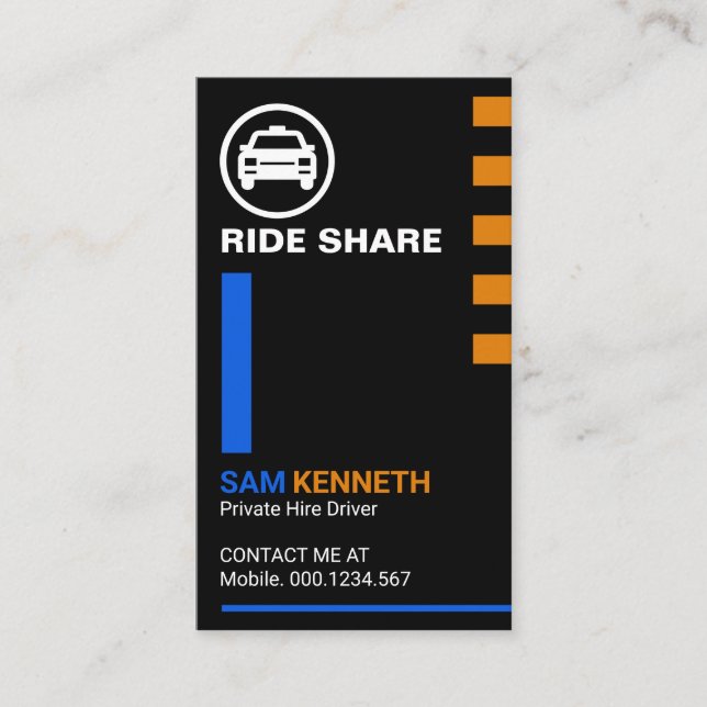 Blue Stripes Yellow Tabs Ride Share Driver Business Card (Front)
