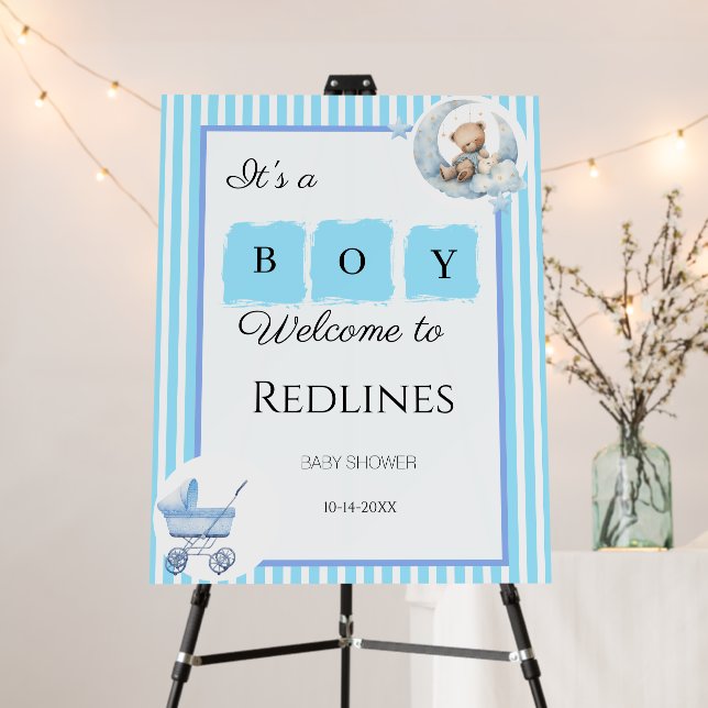 Blue stripped modern script baby shower foam board (In Situ (Stand))