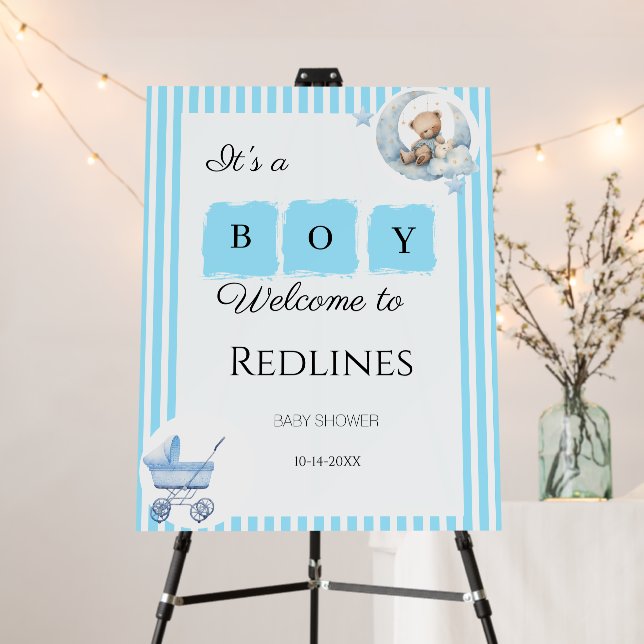 Blue stripped modern script baby shower foam board (In Situ (Stand))