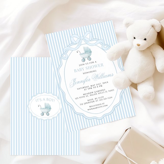 Blue Stroller Baby Carriage Bow Preppy Boy Shower Invitation (Creator Uploaded)