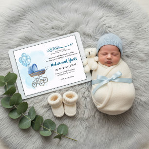 Blue stroller balloon aqiqah muslim baby boy invit invitation