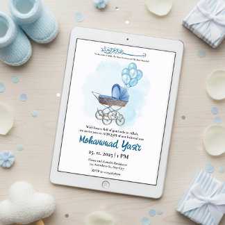 Blue stroller balloon aqiqah muslim baby boy invitation