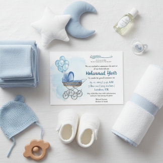 Blue stroller balloon muslim baby boy birth invita invitation