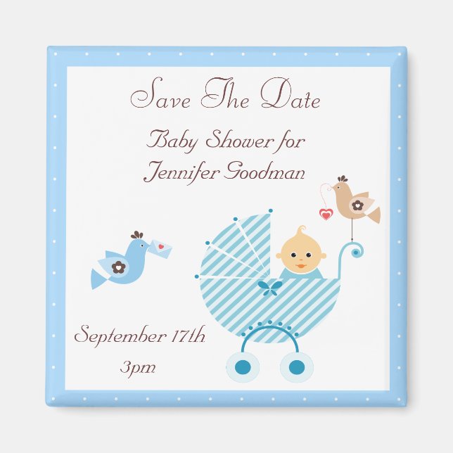 Blue Stroller & Birds Save The Date Baby Shower Magnet (Front)