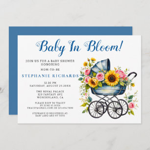 Blue Stroller Floral Baby In Bloom Baby Shower Invitation