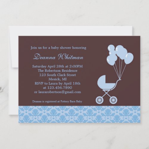 Blue Stroller with Balloons Baby Shower Invitation