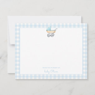 Blue stroller with gingham border baby boy thank you card