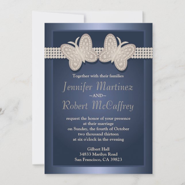 Blue Studded Butterfly Wedding Invitations (Front)