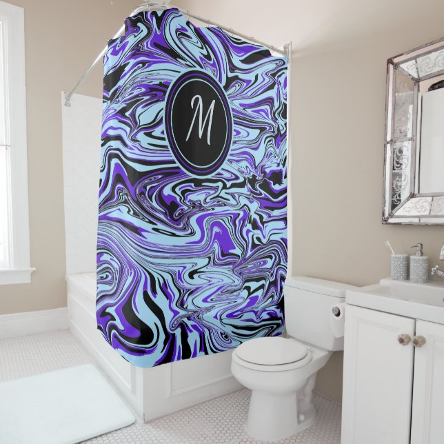 Blue Stylish Abstract Watercolor Monogram Custom Shower Curtain (In Situ)