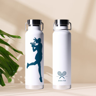Blue Stylish Female Tennis Player Personalized Water Bottle