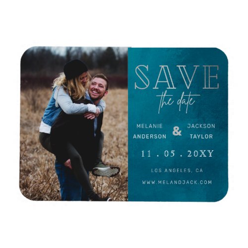 Blue Stylish Handwritten Photo Save the Date Magnet