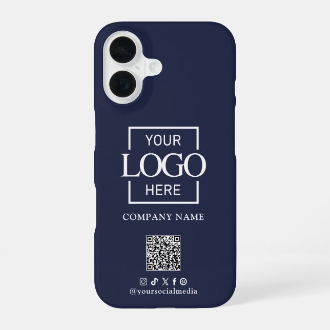 Blue Stylish Minimalist Business Logo & QR Code iPhone Case (Back)