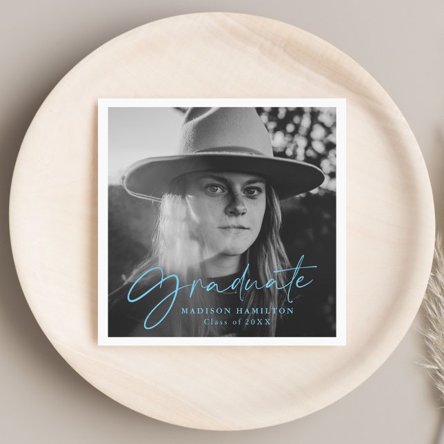 Blue | Stylish Script Photo Graduation Napkins (Creator Uploaded)