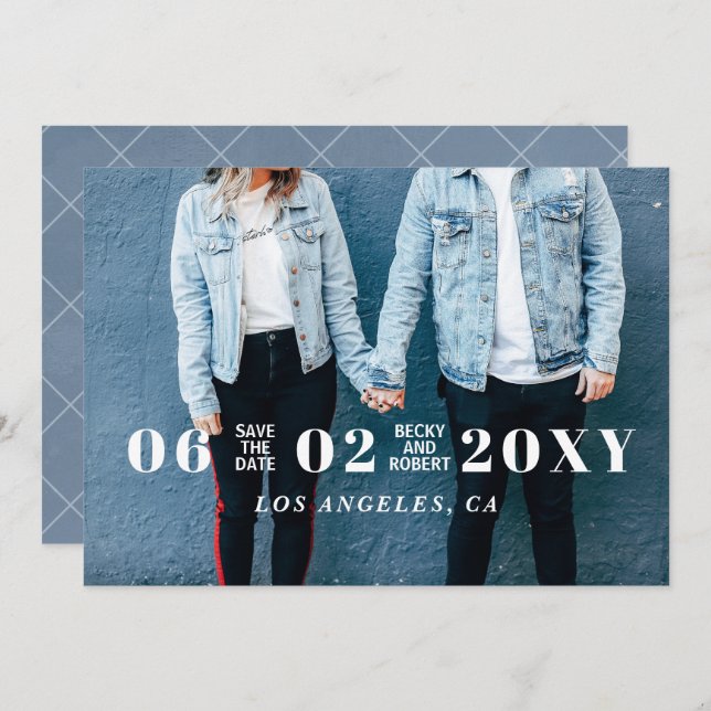 Blue Stylish Simple Modern Typography Photo Save The Date (Front/Back)