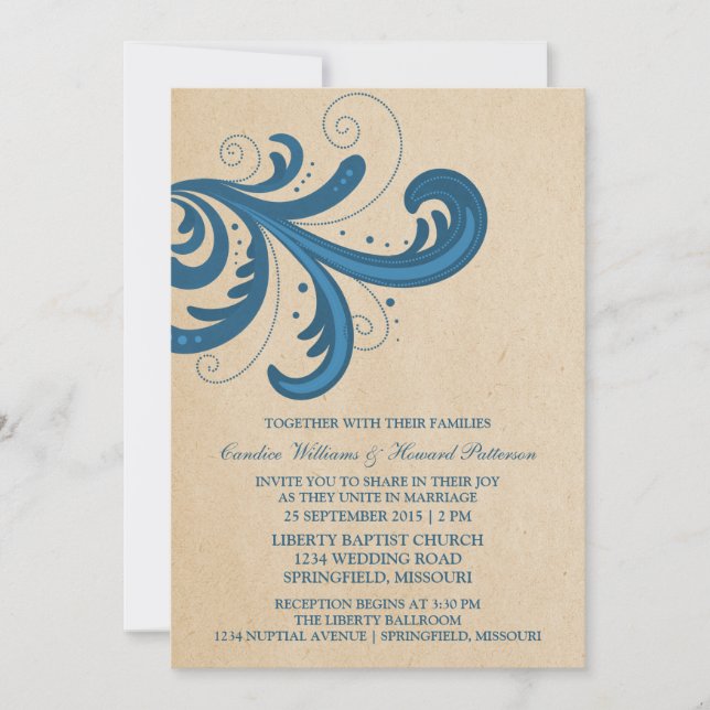 Blue Stylish Swirls Wedding Invite (Front)