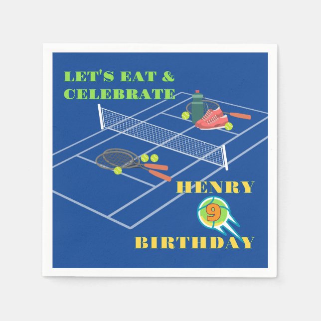 Blue Stylish Tennis Racket Court Game Birthday Napkins (Front)