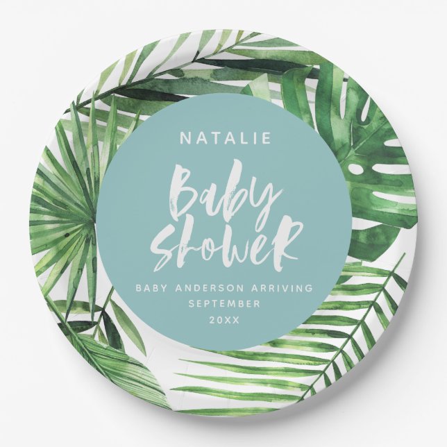 Blue stylish tropical foliage modern baby shower paper plates (Front)