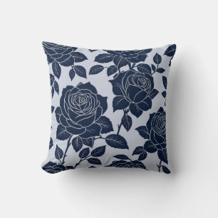 Blue Stylized Roses Throw Pillow