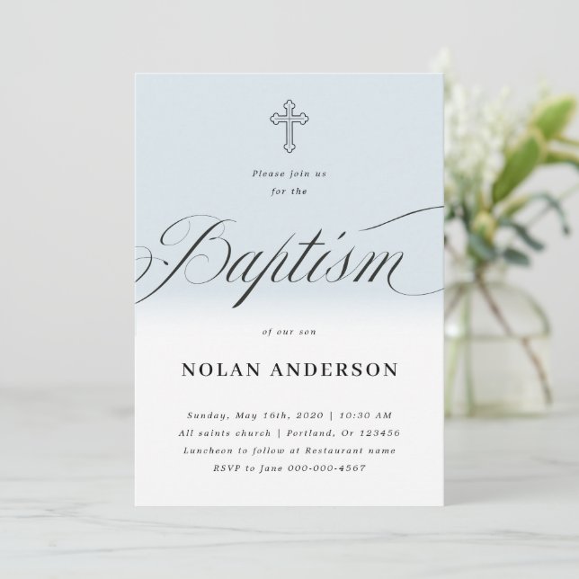 Blue Subtle Cross in letters Calligraphy Baptism Invitation (Standing Front)