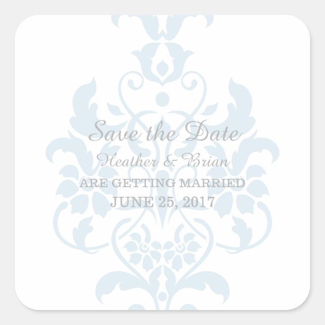 Blue Subtle Damask Save the Date Stickers (Front)