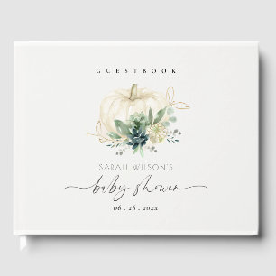 Blue Succulent White Gold Pumpkin Baby Shower Guest Book