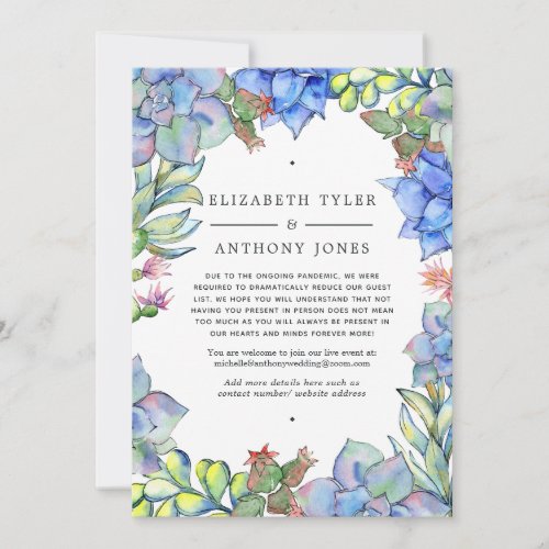 Blue Succulents Wedding Reduced Guest List Announcement