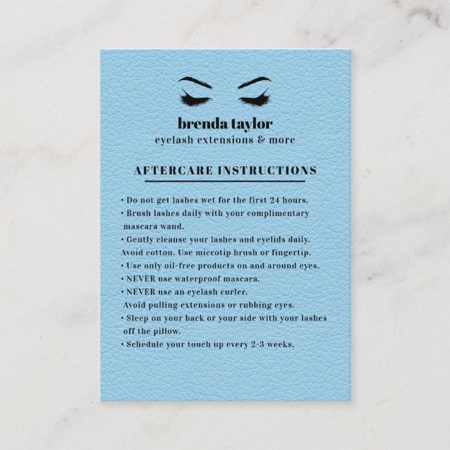 BLUE Suede Eyelash Browbar Aftercare Instructions Business Card (Front)