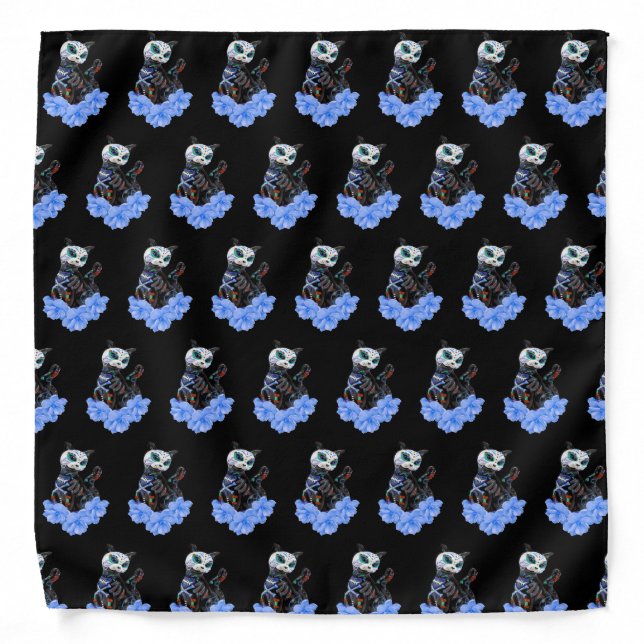 Blue Sugar Skull Day Of The Dead Cat Bandana (Front)