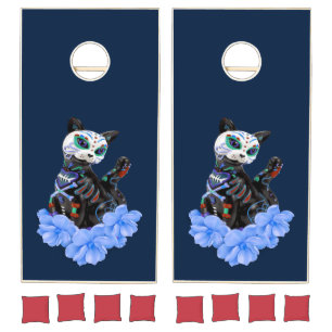 Blue Sugar Skull Day Of The Dead Cat Cornhole Set