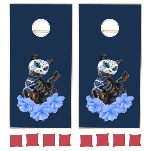 Blue Sugar Skull Day Of The Dead Cat Cornhole Set