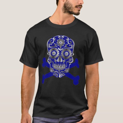 Blue Sugar Skull Day Of The Dead Skull Crossbones T_Shirt
