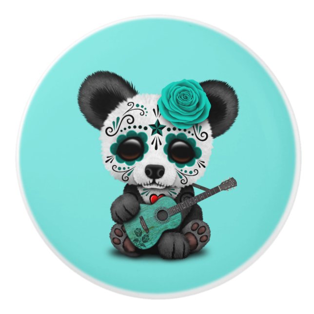 Blue Sugar Skull Panda Playing Guitar Ceramic Knob (Front)
