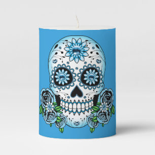 Blue Sugar Skull Pillar Candle