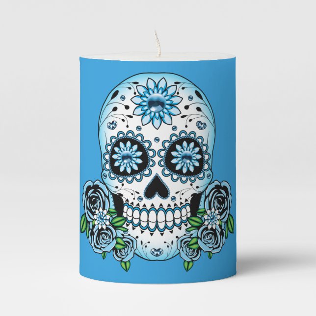 Blue Sugar Skull Pillar Candle (Front)