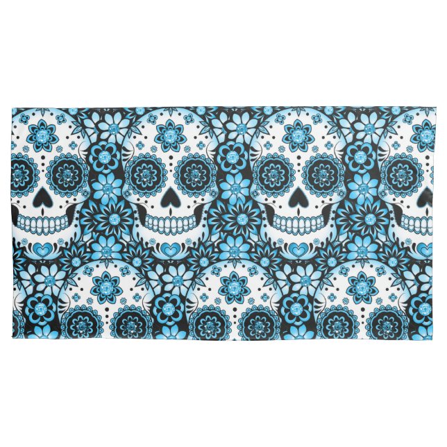 Blue Sugar Skull Pillow Case (Front-Left)