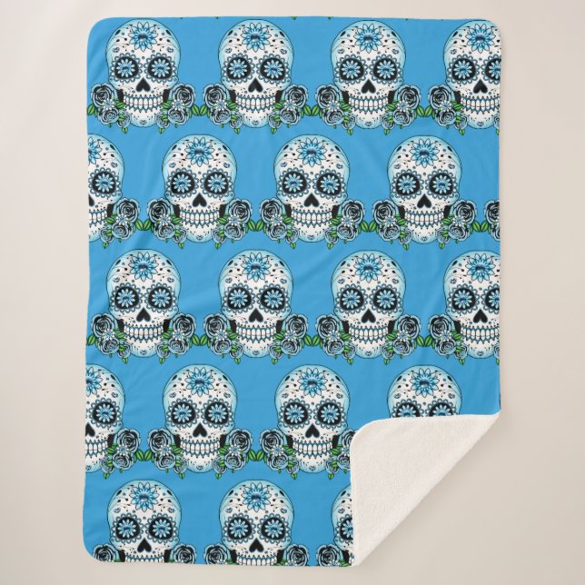 Blue Sugar Skull Sherpa Blanket (Front)