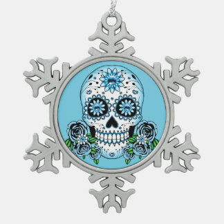 Blue Sugar Skull Snowflake Pewter Christmas Ornament