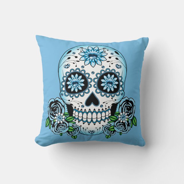 Blue Sugar Skull Throw Pillow (Front)