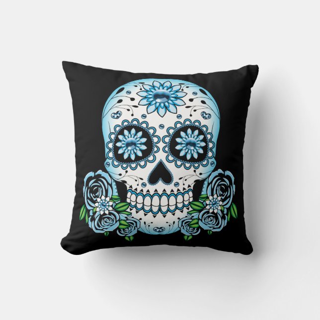 Blue Sugar Skull Throw Pillow (Front)