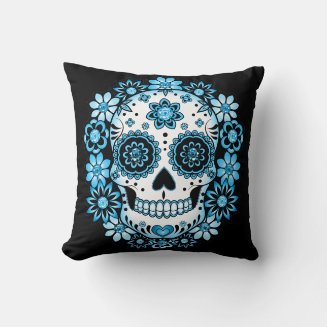 Blue Sugar Skull Throw Pillow (Front)