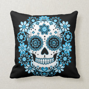 Blue Sugar Skull Throw Pillow