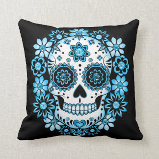 Blue Sugar Skull Throw Pillow