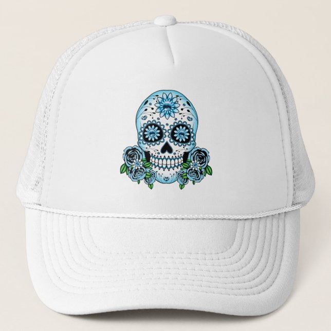 Blue Sugar Skull Trucker Hat (Front)